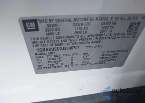 2018 Chevrolet Equinox Lt from USA, damaged, VIN 3GNAXUEU2JS546707